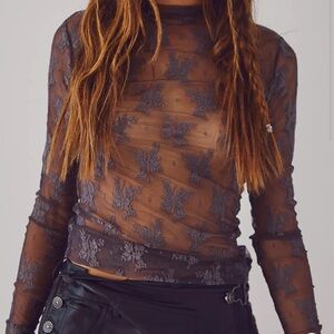 Free People Sheer Floral Long Sleeve Top - Gray